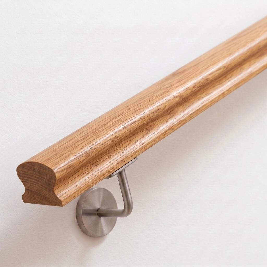 Main courante Omega en chêne à section Omega profilée avec support de main courante inox sur mur blanc, extrémité droite