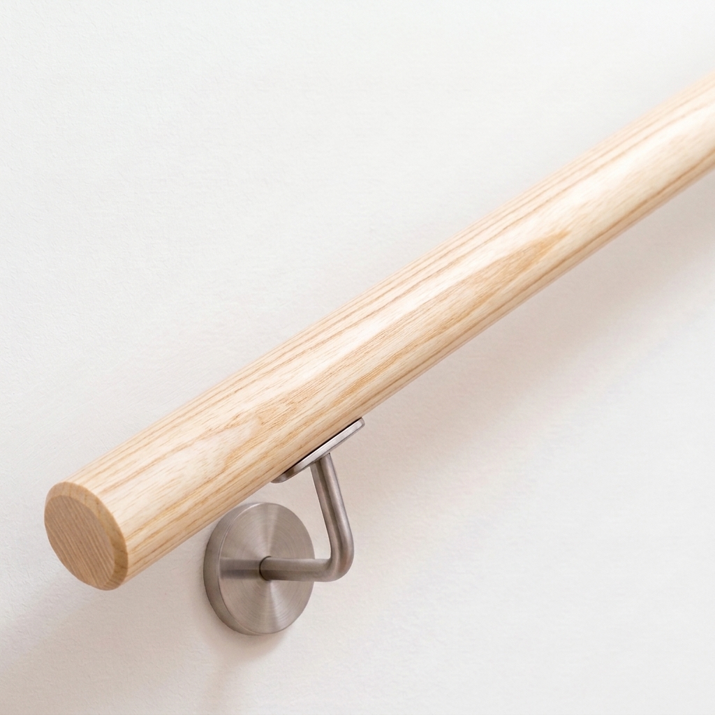 Main courante ronde en frêne clair au veinage fin avec support de main courante inox sur mur blanc, extrémité droite