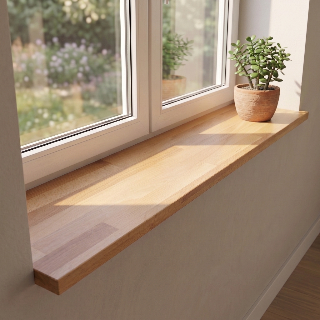 Appui de fenêtre en chêne naturel, abouté, sous double fenêtre donnant sur le jardin, arbre de jade en pot en terre cuite