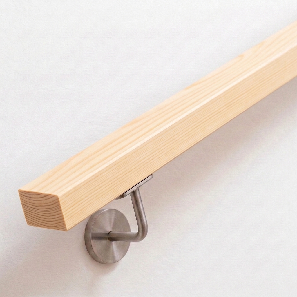Main courante rectangulaire en épicéa, résineux clair veiné, support de main courante inox sur mur blanc, extrémité droite