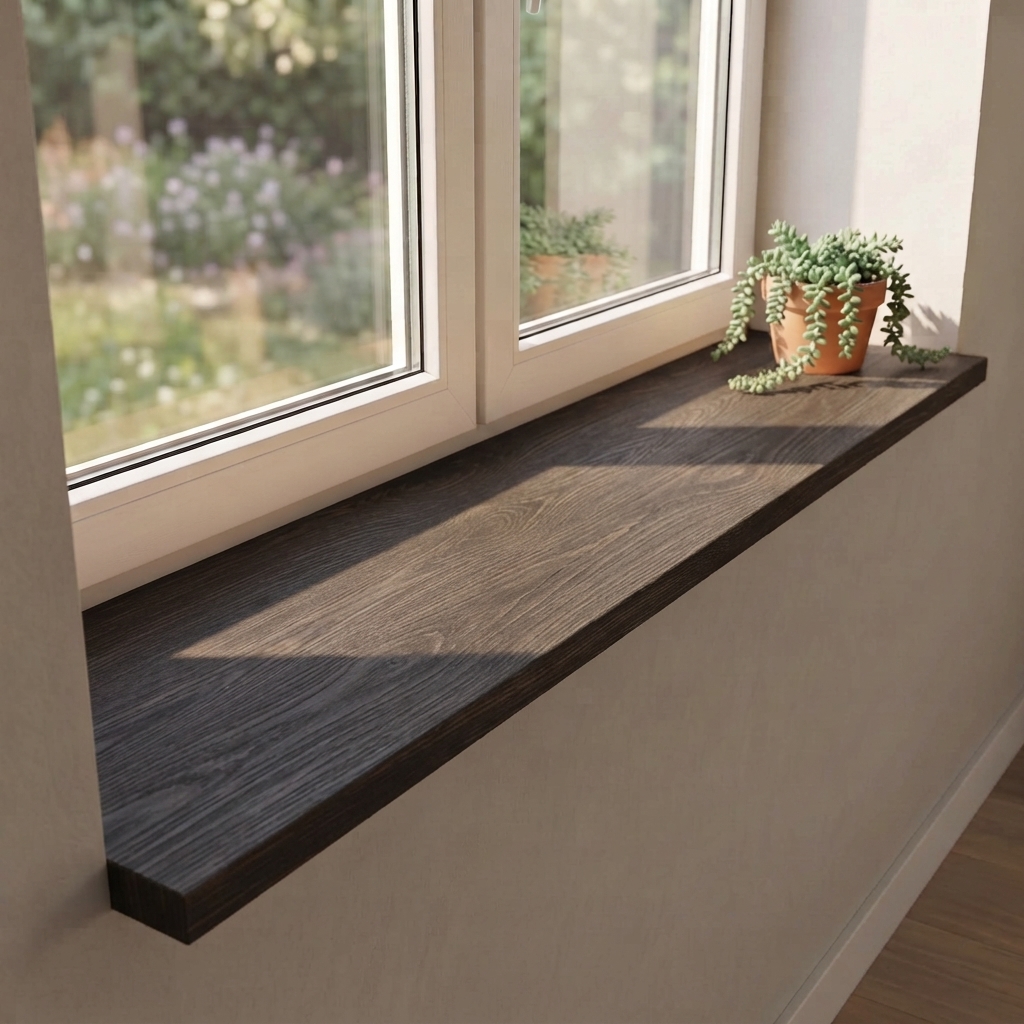 Appui de fenêtre en chêne teinté noir, lamelles continues, sous fenêtre côté jardin, veinage foncé avec plante retombante