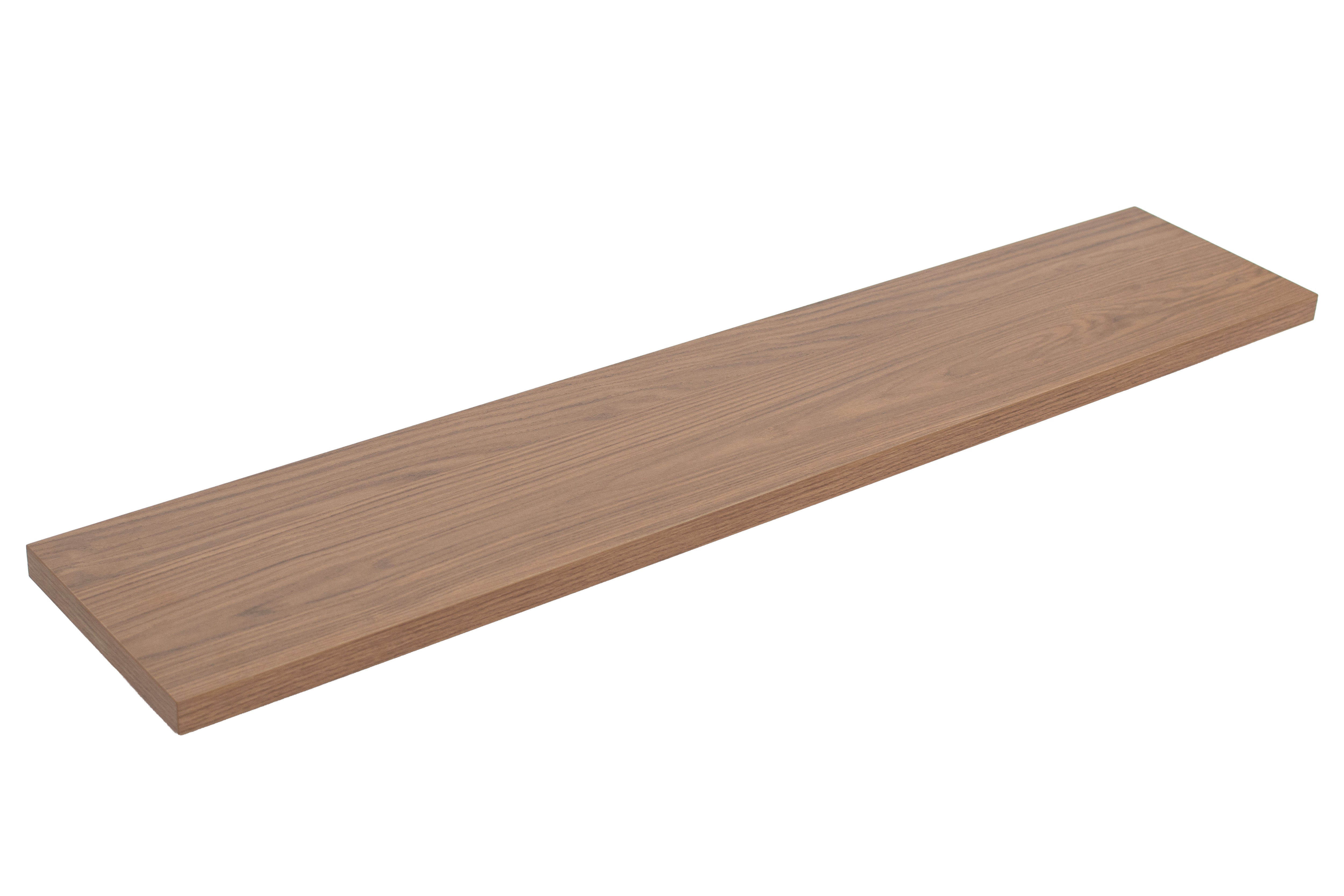 Appui de fenêtre en mélaminé aspect bois noyer, détouré en vue de biais sur fond blanc