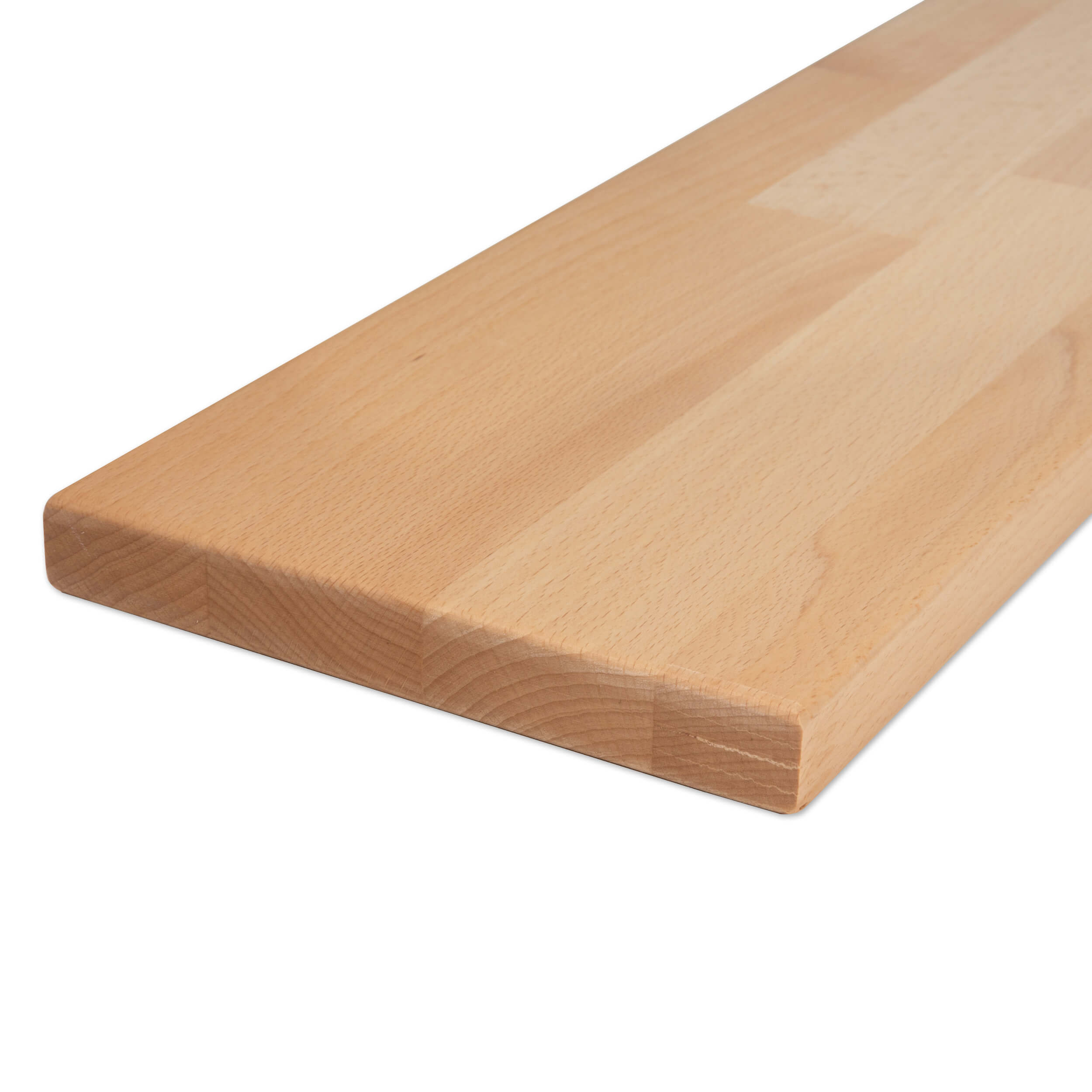 Appui de fenêtre en hêtre naturel abouté, détail d'angle avec joints de lamelles et chant avant arrondi, détouré