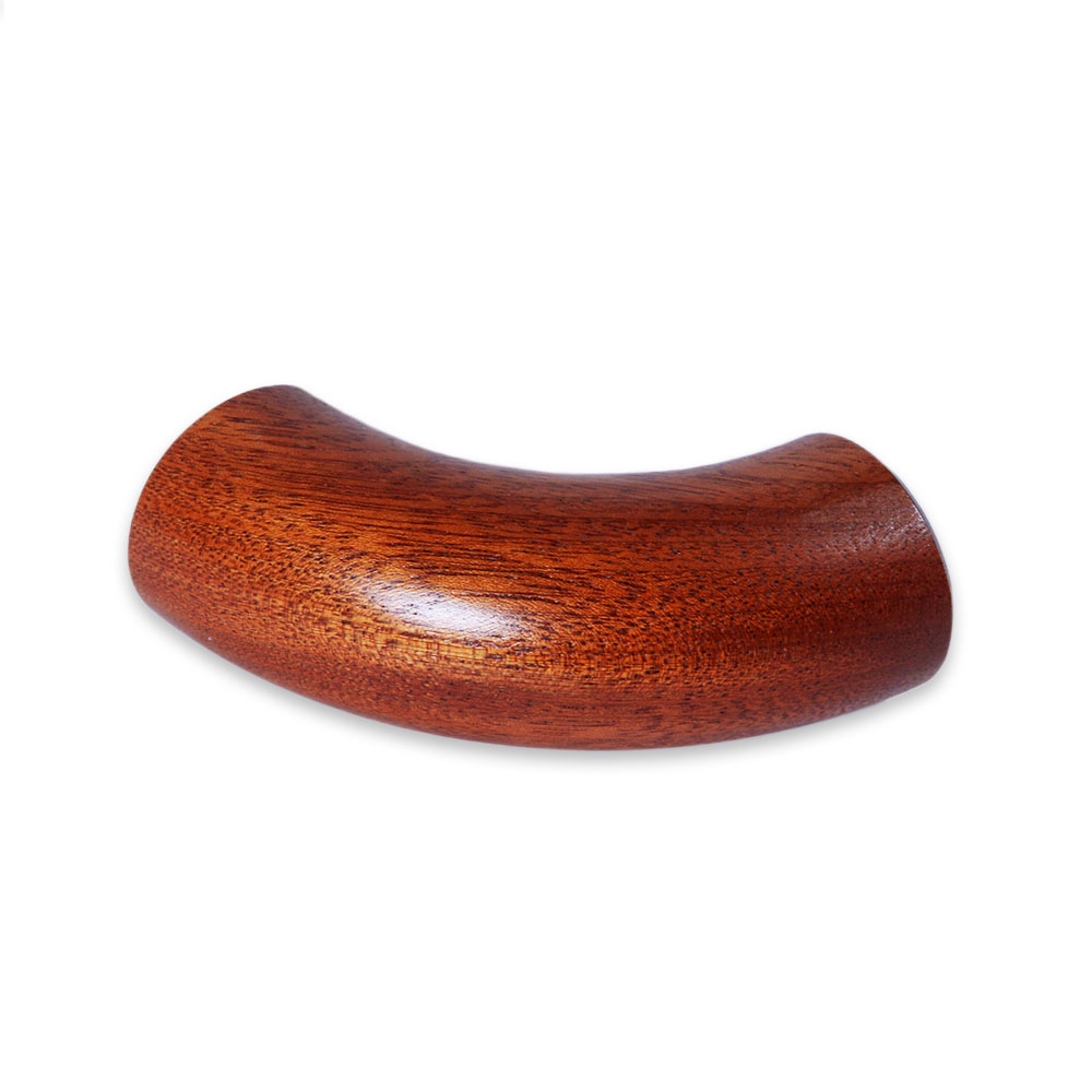 Coude de main courante rond en acajou, bois brun rouge au fin veinage, pièce de raccord courbée pour main courante en bois