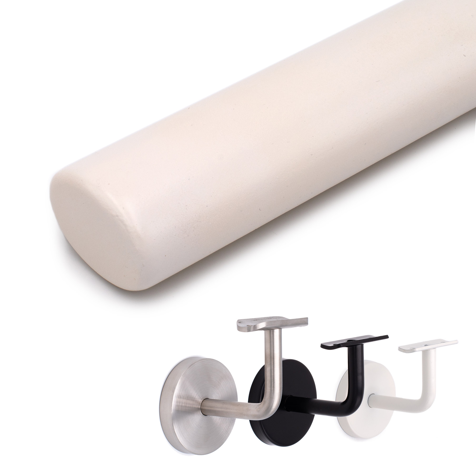 Main courante ovale en hêtre laqué blanc, détourée en diagonale avec supports de main courante inox, noir et blanc
