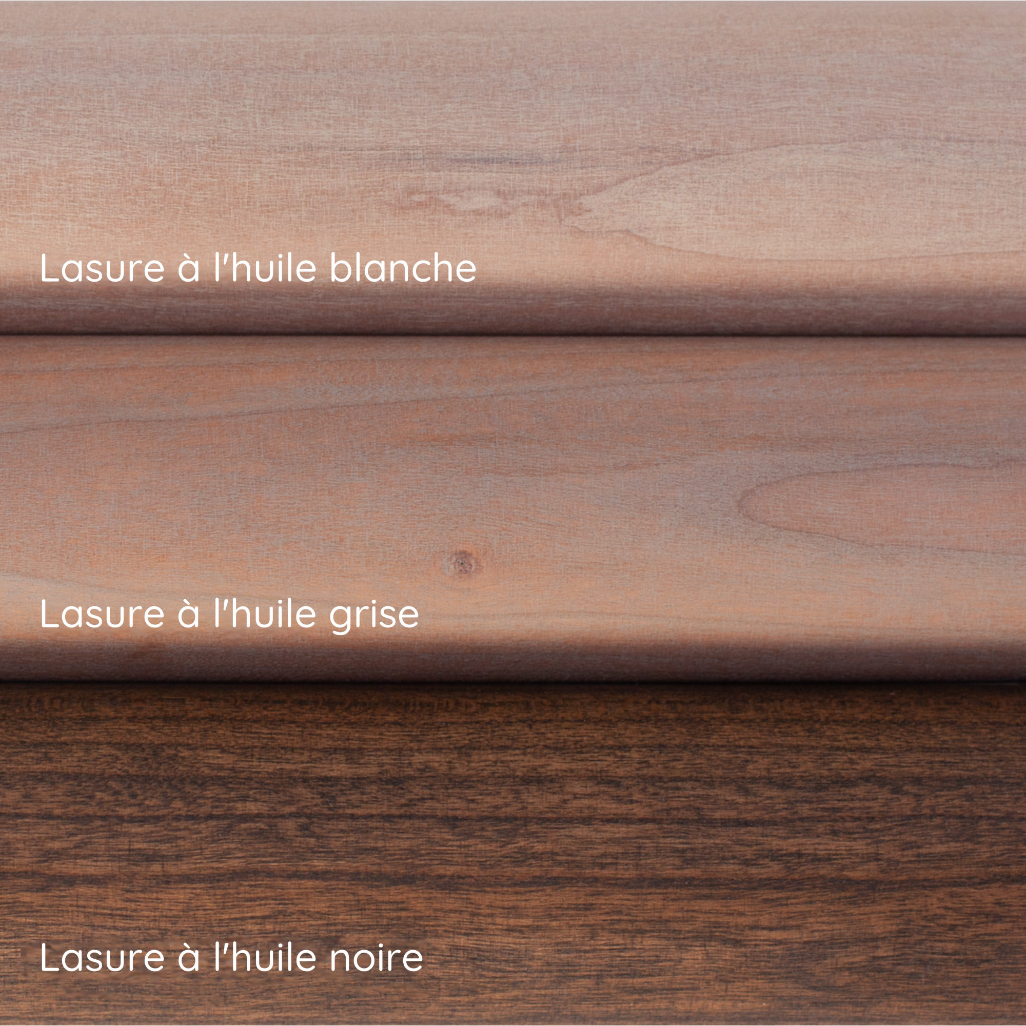Lasures à l'huile blanche, grise et noire sur main courante en merisier : trois échantillons de teinte superposés