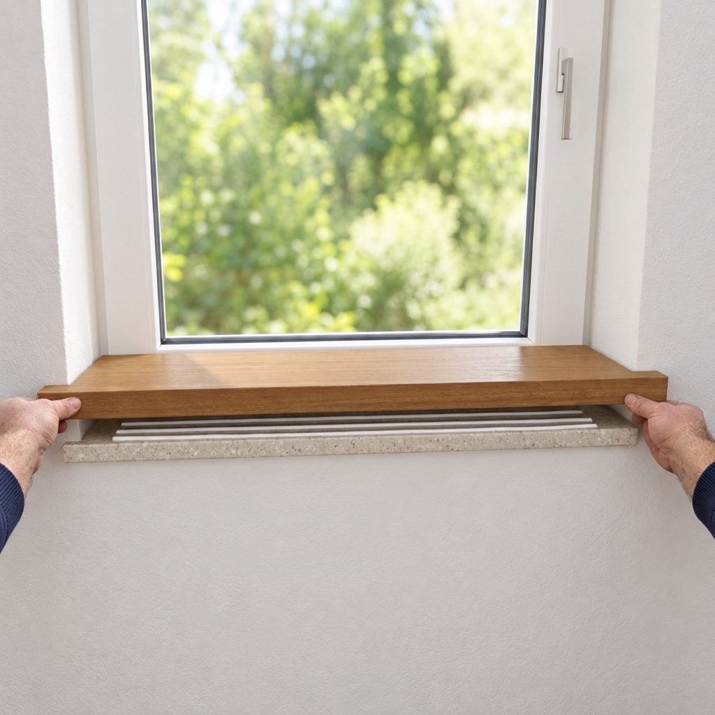 Appui de fenêtre de rénovation en hêtre teinté brun posé à deux mains sur l'ancien appui de fenêtre en pierre