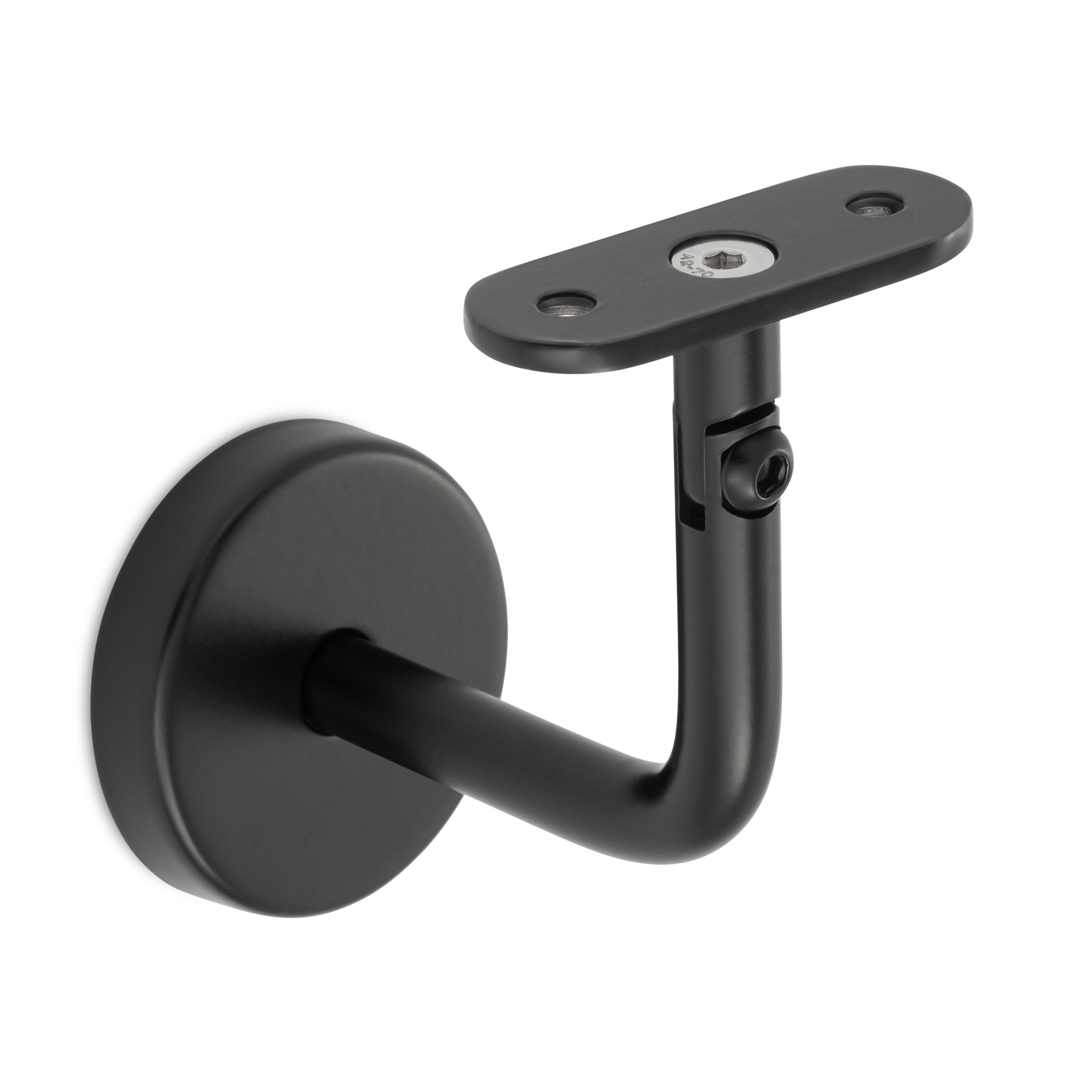Support de main courante modèle 04 noir à articulation et plaque droite, rosace ronde, pour main courante en bois