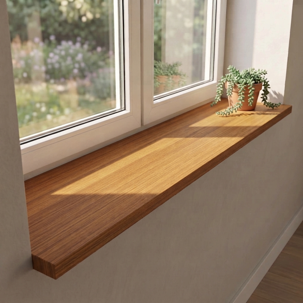 Appui de fenêtre en mélaminé aspect bois chêne sous double fenêtre donnant sur le jardin, plante retombante en pot