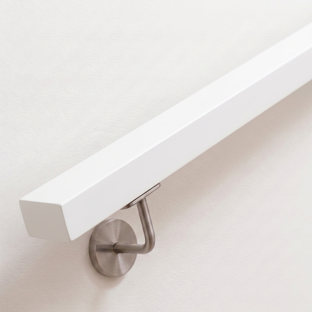 Main courante rectangulaire en hêtre blanc sur mur blanc, support inox avec rosace ronde, vue en biais